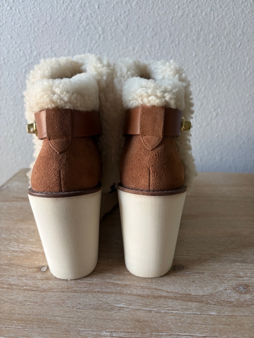 COACH Kingston Tan Suede Wedge Boot with Shearling Trim - Picture 7 of 13